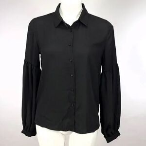 Free Generation Los Angeles Black Balloon Sleeve Semi Sheer Button Poet Top L